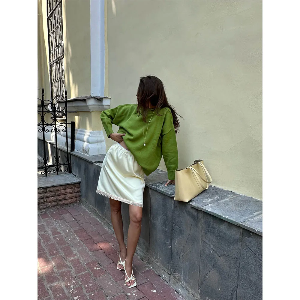 Women Vintage Fashion Satin Lace Trim Patchwork Midi Skirts High Waist Elegant 90s Vintage A-line Skirt Y2k Clothing Streetwear 5