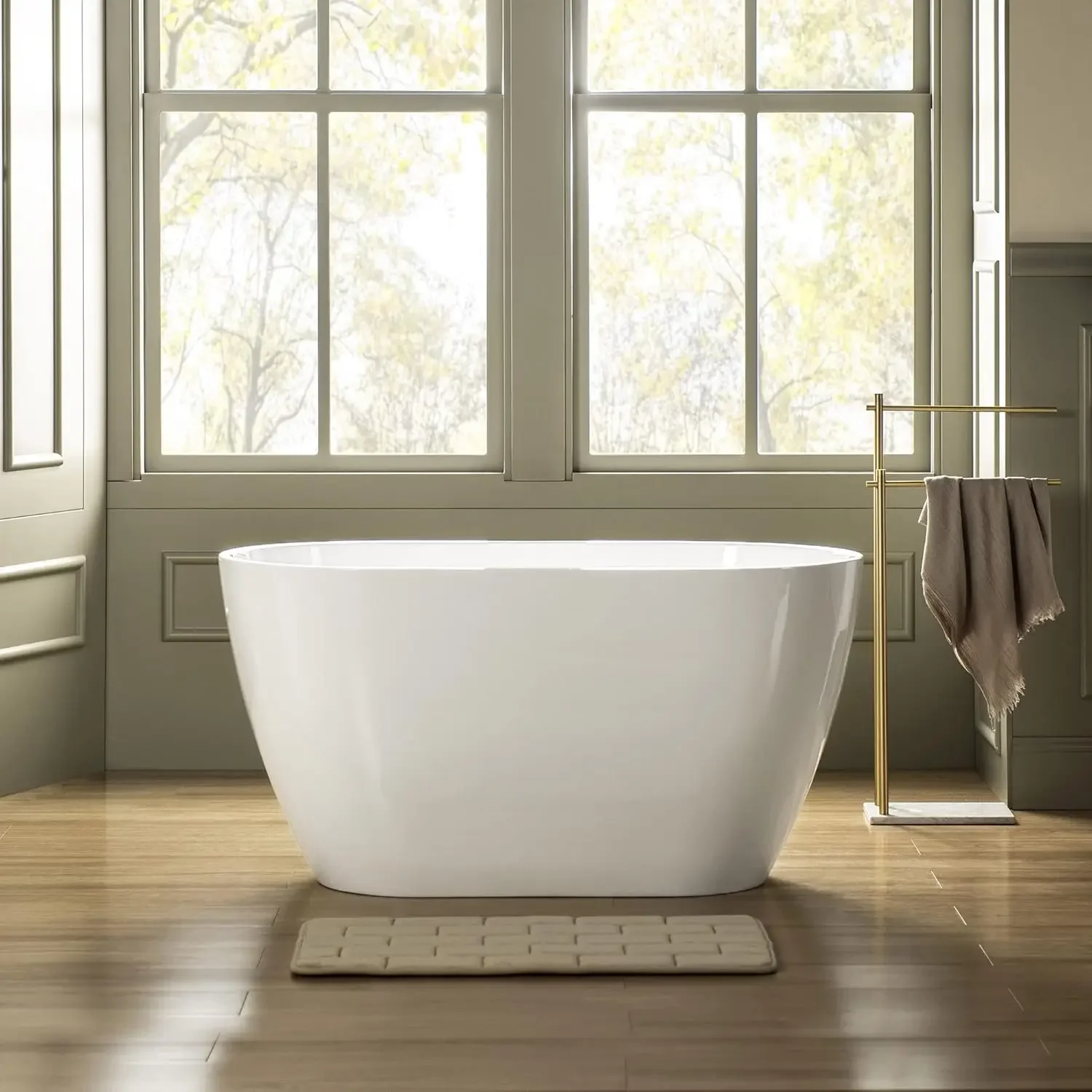 48 Inch Acrylic Freestanding Bathtub Contemporary Soaking Tub White Acrylic Brushed Nickel Drain Overflow Anti Slip Design 4