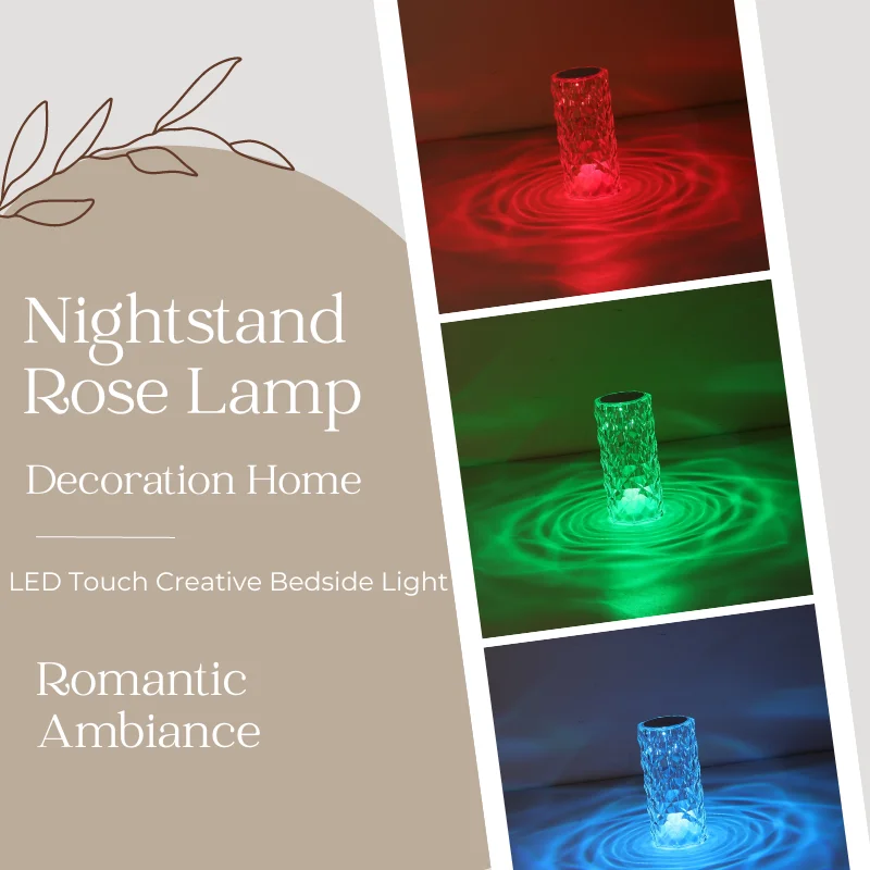 Crystal Table Lamp for Bedroom 16 Colors Touch/Remote Dimmable Night Light USB LED Bedside Diamond Rose Lamp