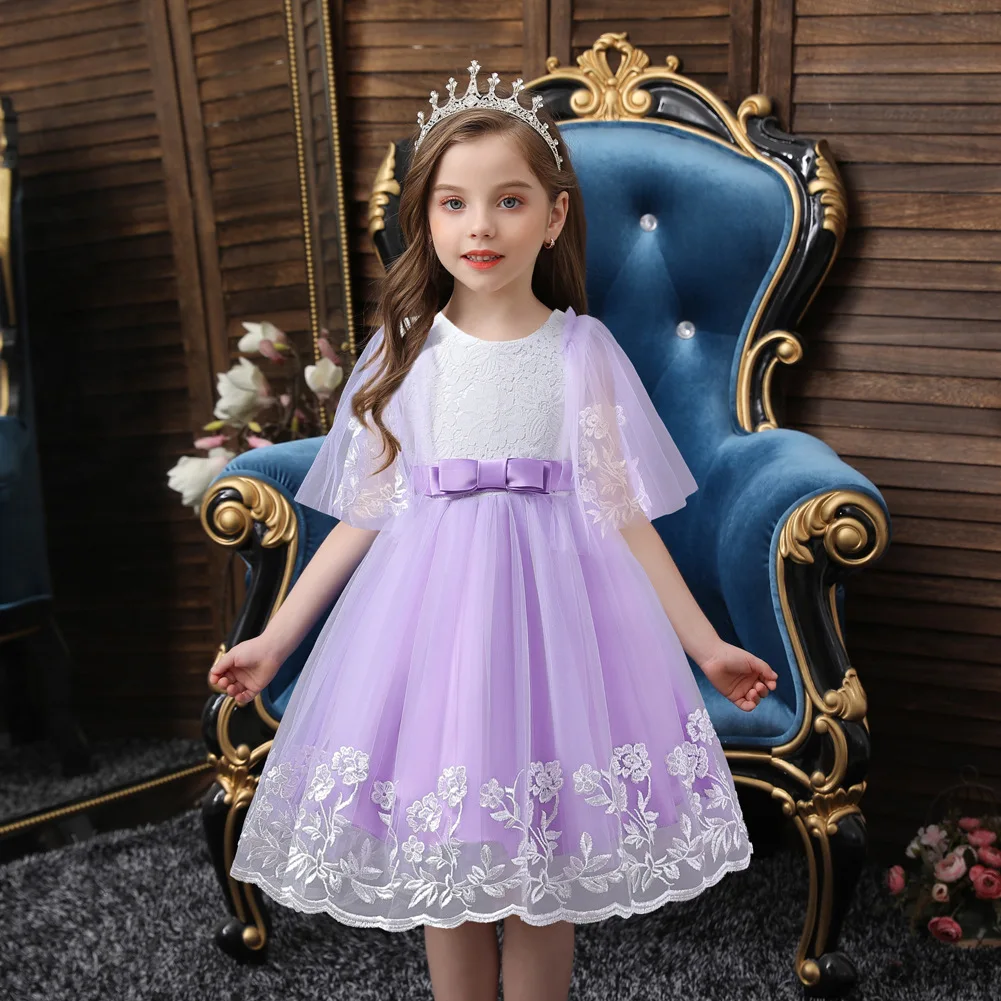 

Knee Length Lace Flower Girls Princess Tulle Wedding Christmas Puffy Sleeve Party Dress Teenager Children Kids Elegant Vestidos