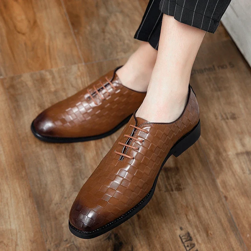 

New Men Derby Leather Shoes Round Toe Premium Plaid Business Fashion Dress Leather Shoes Size 38-48 Men Shoes