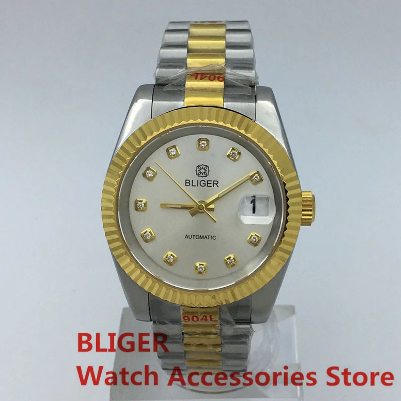 

BLIGER 36mm 39mm NH35A Silver Dial Diamond Index Automatic Men Watch Sapphire Glass Gold Fluted Bezel Two-ton Steel Bracelet