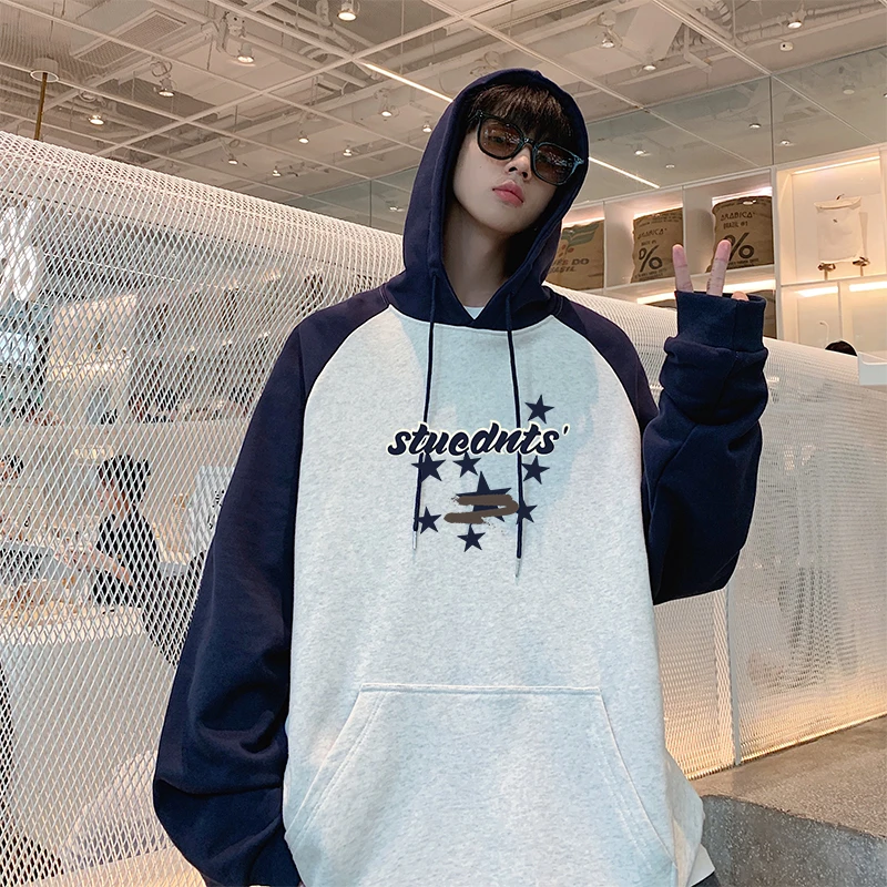 

Hooded Pullover Tops Men Baggy Street Hip Hop Graphic Printed Oversized Raglan Sleeve Hoodie Autumn Male Hoody Trendy Drawstring