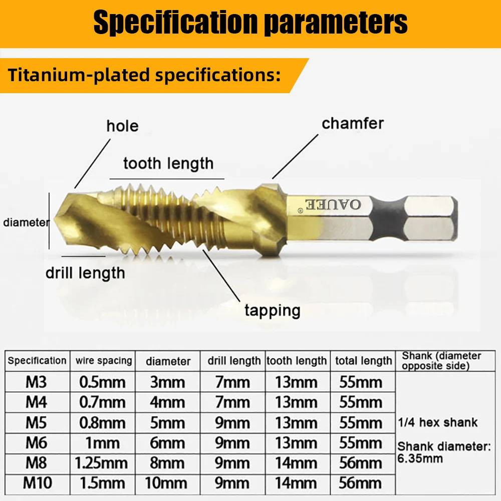 Hex Shank Titanium Plated HSS Screw Thread Metric Drill Bits Screw Machine Tap Set Hand Tool