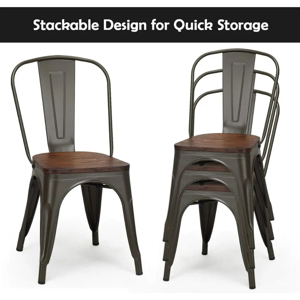 18 Inch Dining Chair Set of 4, Industrial Vintage Stackable Metal Chairs, Counter Bar Chairs with High Backrest, Wood Seat 5