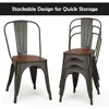 18 Inch Dining Chair Set of 4, Industrial Vintage Stackable Metal Chairs, Counter Bar Chairs with High Backrest, Wood Seat 5