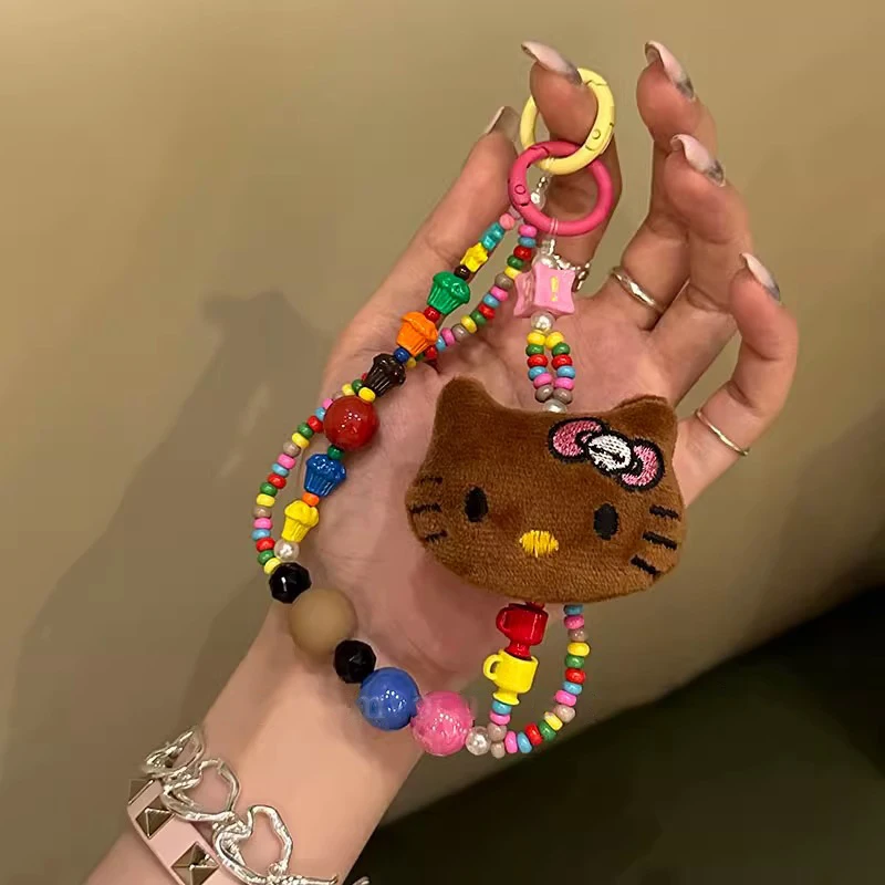 

Милая плюшевая черная кожа Sanrio Hello Kitty Красочные Бусины Брелок для телефона ремень сумка Подвеска кавайная девушка сердце аксессуары