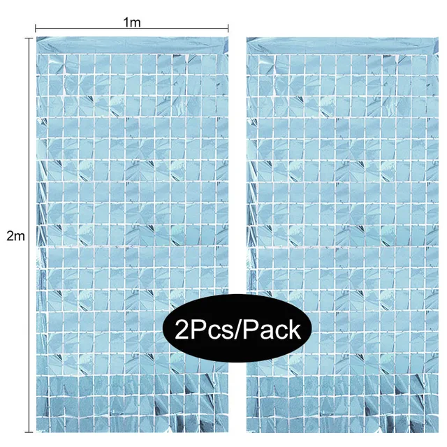 2Pack Party Backdrop Metallic Foil Fringe Tinsel Curtain Adult Kids Birthday Party Wedding Decoration Baby Shower Favor Supplies light blue