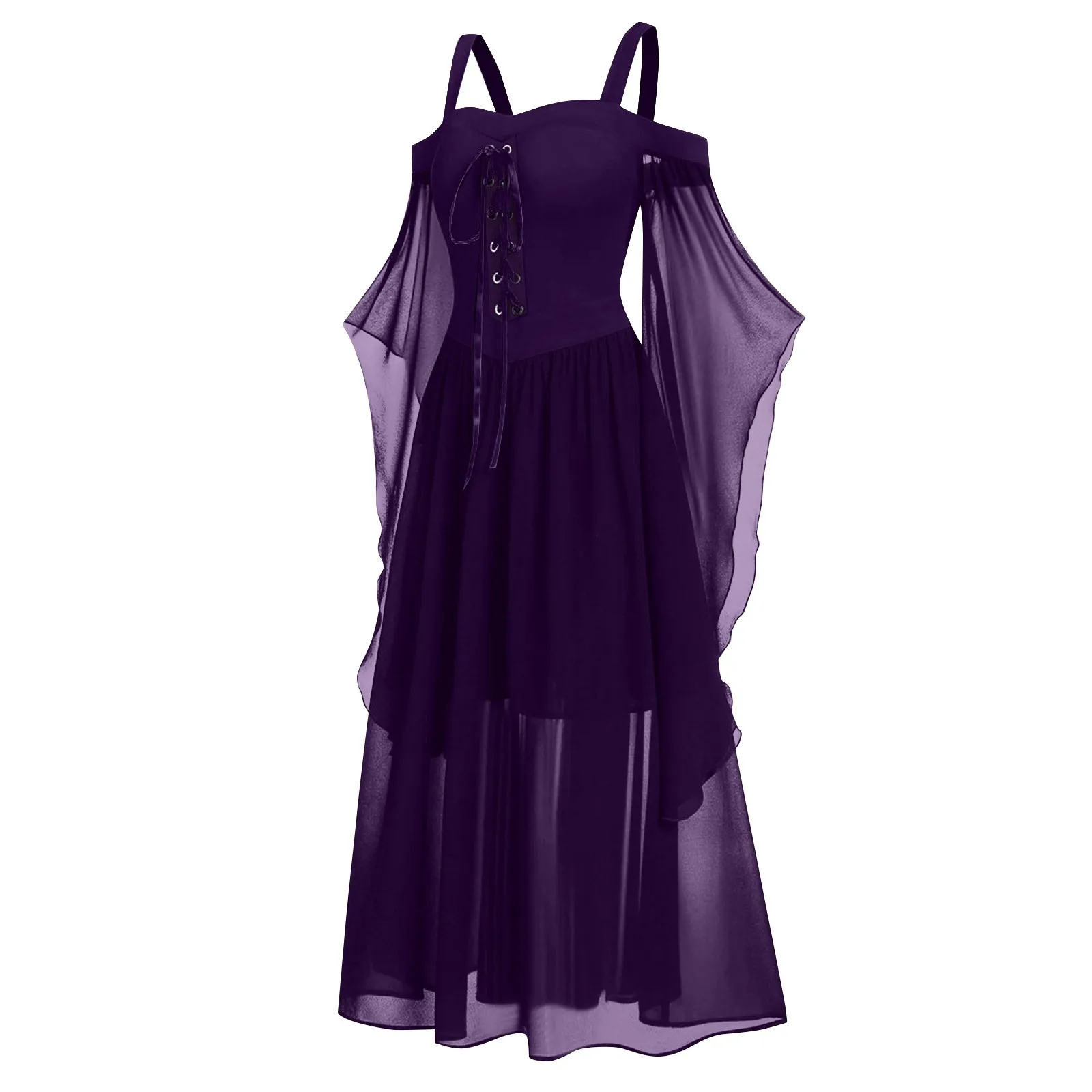 Damenmode Halloween Hexe Cosplay Kostüme Gothic Schulterfrei Schnürverband Mesh Sheer A-Linie Langes Kleid Partykleidung – Detail 34