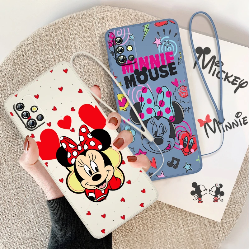 

Cartoon Minnie Happy For Samsung Galaxy A73 A53 A33 A52 A32 A22 A71 A51 A21S A03S A50 4G 5G Liquid Rope Phone Case Coque Capa
