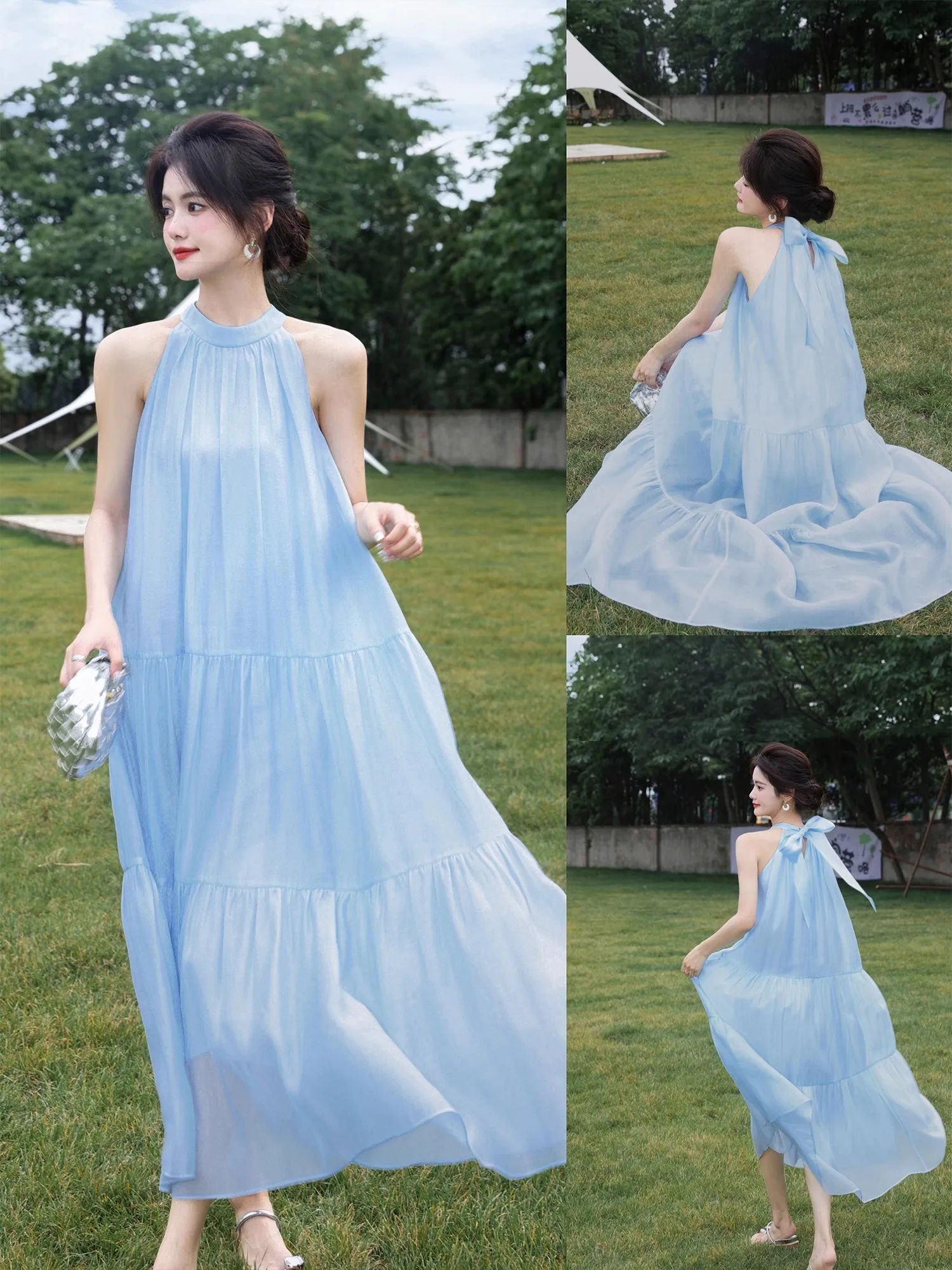 

2023 Summer Beach Holiday Midi Dress French Neck-mounted Sleeveless Bow Female Clothing Loose Casual A-line Blue Princess Dress