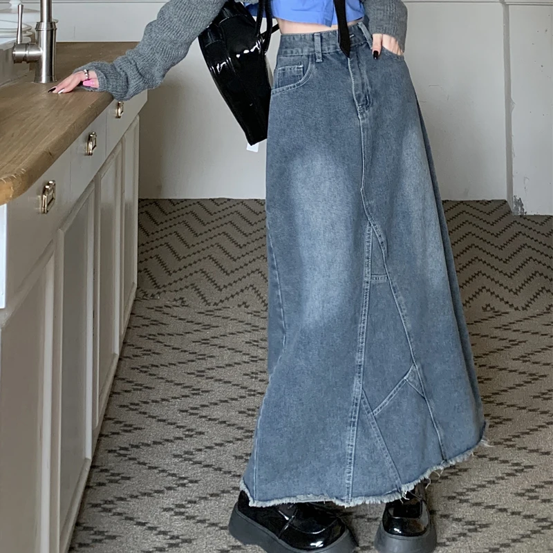 

Streetwear Vintage Denim Skirts Women Korean Fashion High Waist Raw Patchwork Long Skirt 2023 New