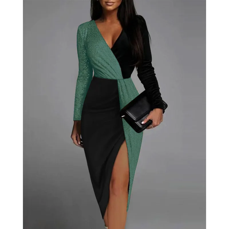 High Waist Party Evening Midi Dresses For Women 2022 Elegant Black Gold Sequins Patchwork Long Sleeve Prom Slit Dress