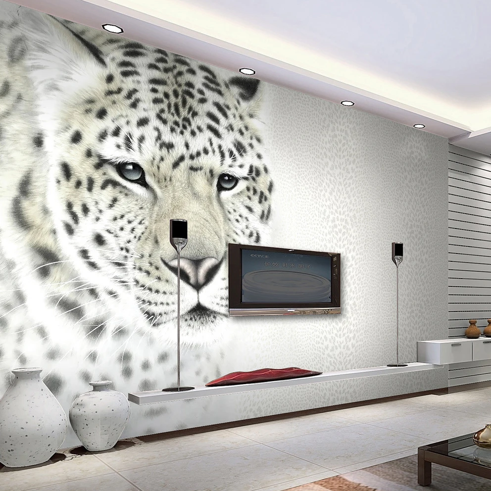Papel de Parede 3d Animal Branco Leopardo Mural de Fotos Tamanho Personalizado Não Tecido para Sala de Estar Sala de tv para Sofá Decoração Moderna Simples