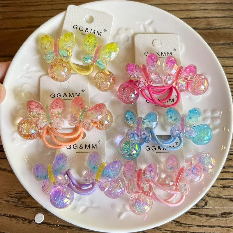 2 Stück Farbverlauf farbige Schmetterling Blase Perlen Mädchen elastische Haar bänder Prinzessin Haarschmuck Kinder Haar gummis Baby Kopf bedeckung