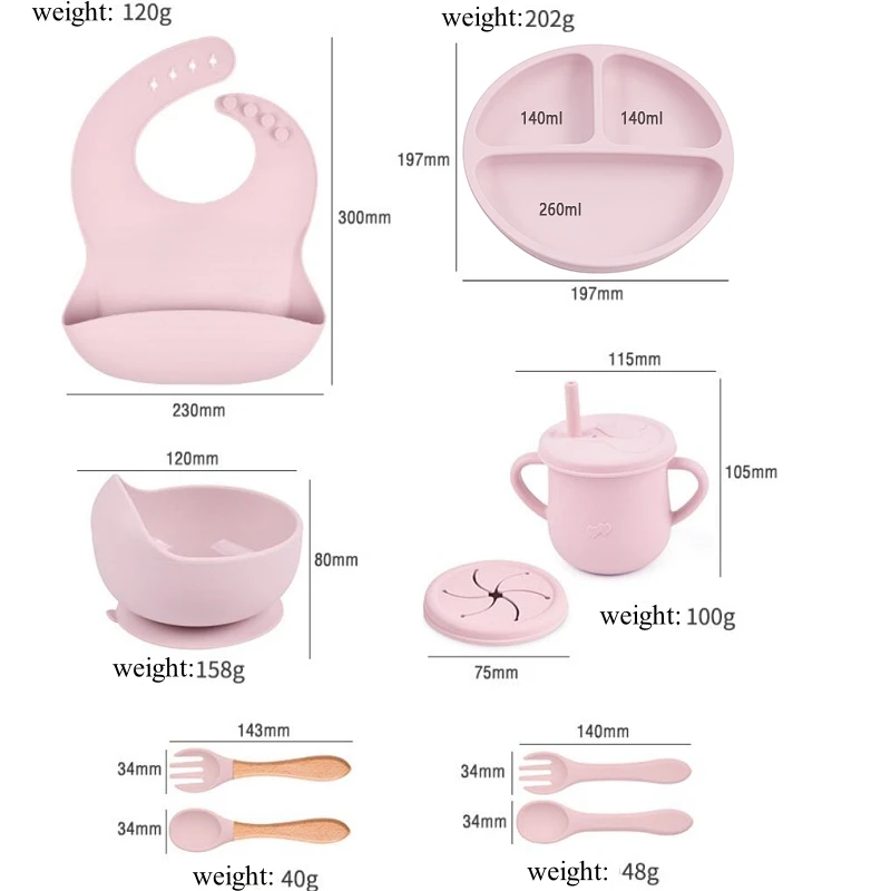 Silicone meal set silicone feeding set baby tableware set 9Pcs Cute Silicone Baby Feeding Baby Training Tableware Set Suction Bowl Non-slip Divided Plate Spoon Fork Bibs Cup For Kids