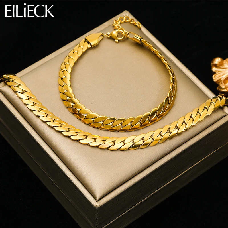 316L Stainless Steel Gold Color Flat Wide Chain Necklace Bracelet For Women Girl Fashion Non-fading Jewelry Set Gift jewelry sets