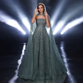Sparkly Crystal Turquoise Luxury Dubai Evening Dress with Hooded Cape Rose Gold Arabic Wedding Party Gowns 198 1