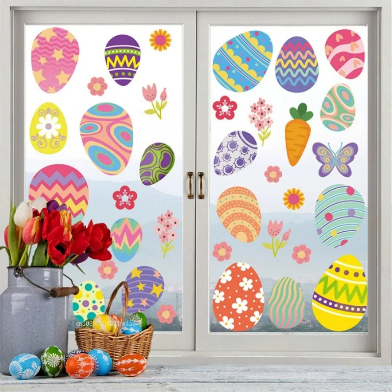 Colorful Easter Egg Window Stickers Double-Sided Static Cling Festival Party Store Home Window Carrot Flower Spring Decor