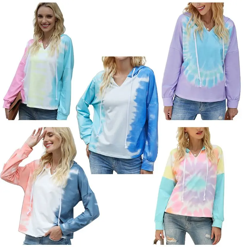 

Women Long Sleeve Drawstring Hoodies Color Block Tie-Dye Print Loose Pullover Tops V-Neck Casual Sports Sweatshirt N7YE