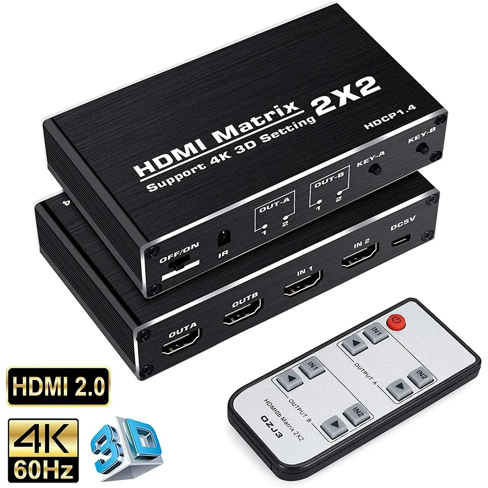 2X2 Hdmi Matrix Switcher 4K 3D Matrix Hdmi Switch Splitter 2 In 2 Out Convertitore Audio Video Con Controllo Ir Per Ps4 Pc Laptop Tv