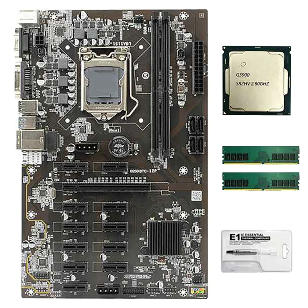 

Материнская плата для майнинга B250 BTC с процессором G3900 + Память DDR4 2X8G + термопаста 12 слотов PCI-E LGA1151 DDR4 DIMM RAM SATA3.0