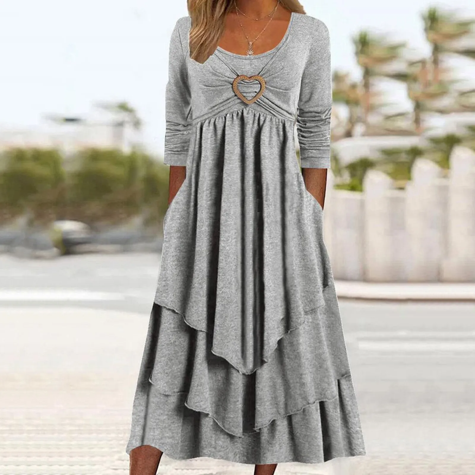 

Women's Dress Elegant Office Patchwork Pockets Midi Dress Round Neck Basic Solid Long Sleeve Lady Casual Summer Ruffles Dress