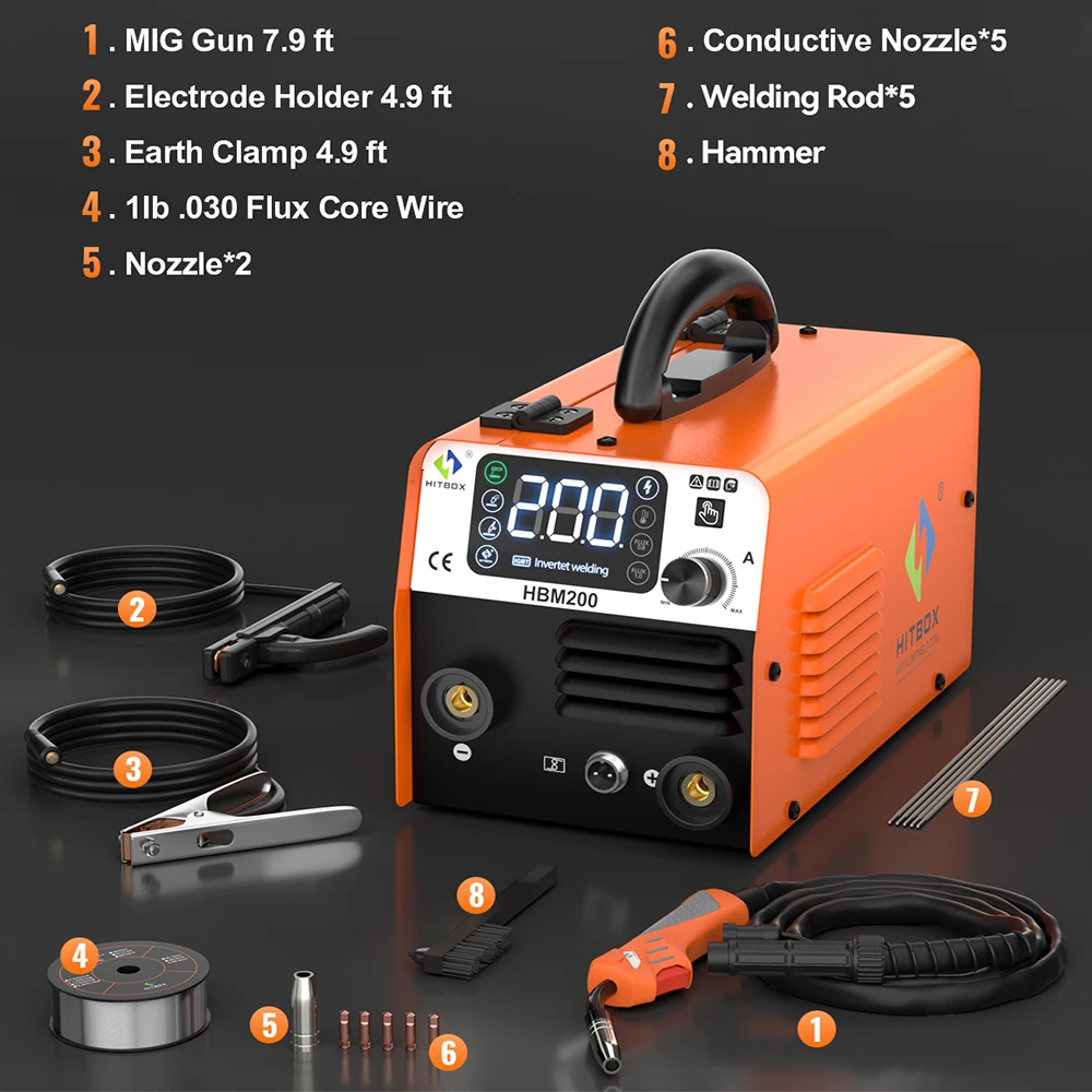 HITBOX MIG-200 3 in 1 Semi-automatic Welding Machine MIG/LIFT TIG/MMA Non Gas Inverter Welder Synergy Tool For Gasless Soldering