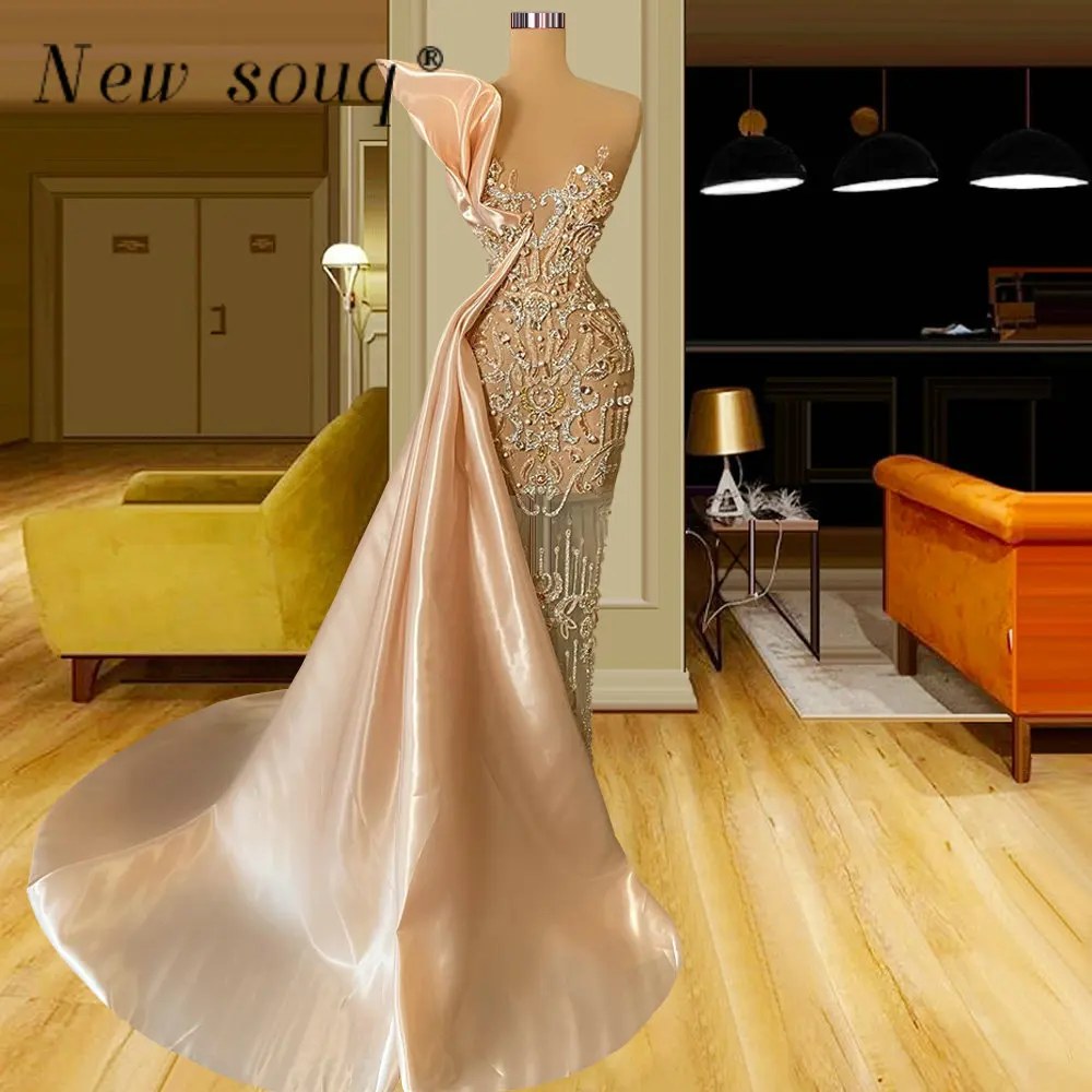 Gorgeous Peach Pink Long Mermaid Evening Dresses For Women Dress To Party Sexy Sheer Beaded Prom Gowns With Side Train - Evening Dresses - AliExpress