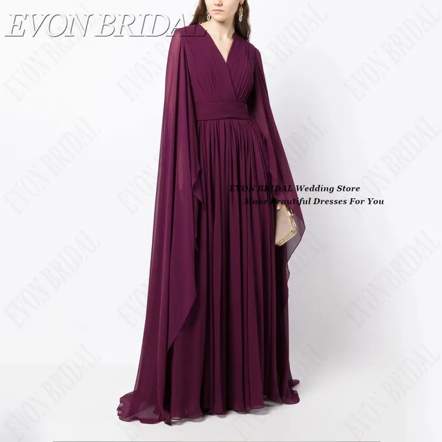 Fuchsia فستان سهرة نسائي With Capes Classic V-Neck Prom Party Dress Chiffon Evening Party Dress EVON BRIDAL Custom 1