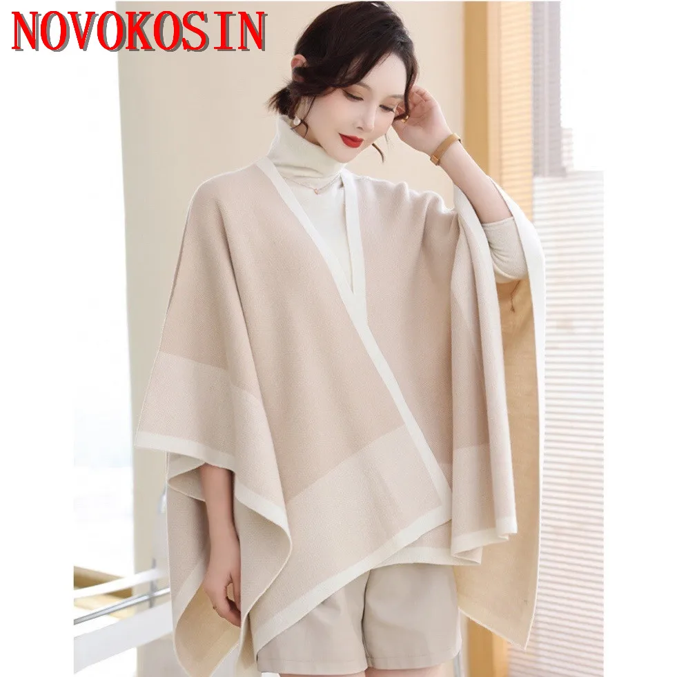 

4 Contrasting Colors Split Capes Korea Japan Cardigan Loose Poncho Women Faux Cashmere Cloak Big Pendulum Out Streetwear Coat