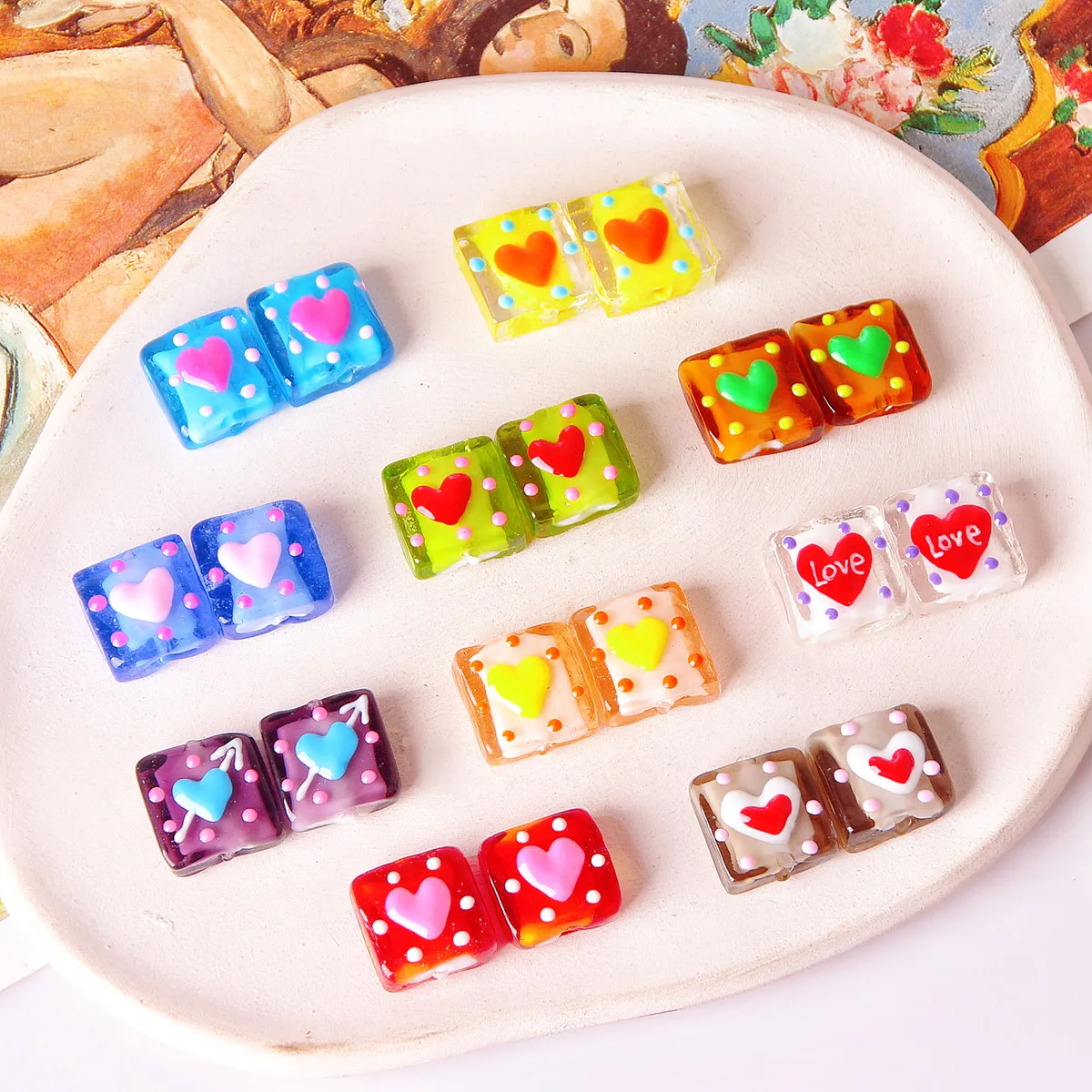 

Love Square Block Glass Sweet Cool Beaded Hand-painted Colorful DIY Bracelet Necklace Accessories Ins Dot Oil Painted Dots