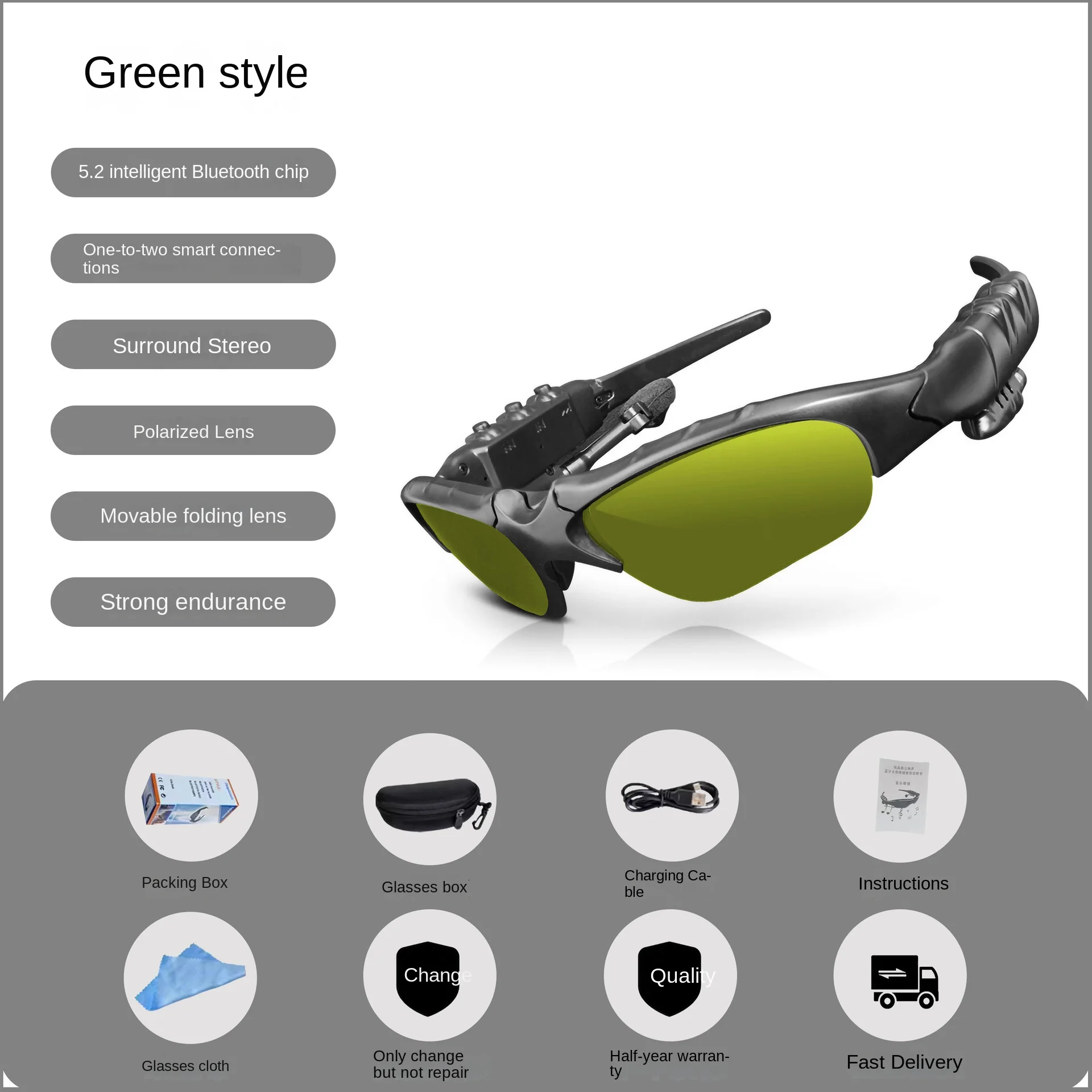 

Bluetooth Glasses Stereo Wireless Headphones with Microphone Polarized Sunglasses Noise Cancelling Earphones Sports Headphones