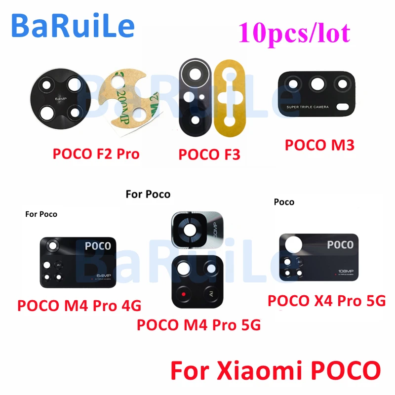 

BaRuiLe 10pcs Rear Back Camera Glass Lens For Xiaomi Poco F1 F2 F3 F4 M3 X3 M4 X4 Pro GT 4G 5G NFC With Adhesive Sticker