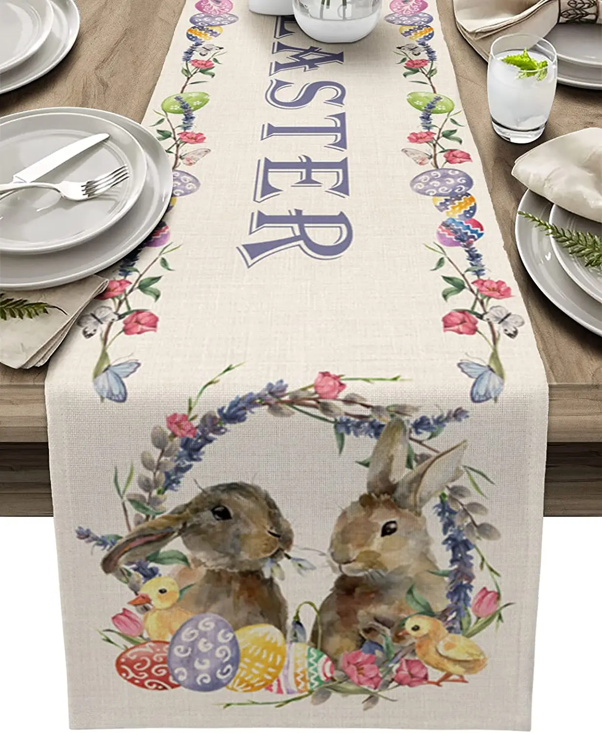 

Easter Watercolor Cute Plants Bunny Eggs Table Runner Table Flag Home Party Decorative Tablecloth Table Runners For Wedding
