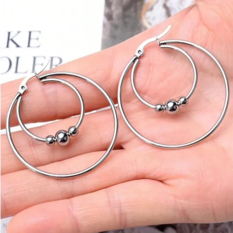 Stainless Steel Exaggerated Round Bead Hoop Earring for Women Men Smooth Design Vintage Double Rings Earring Personality Jewelry