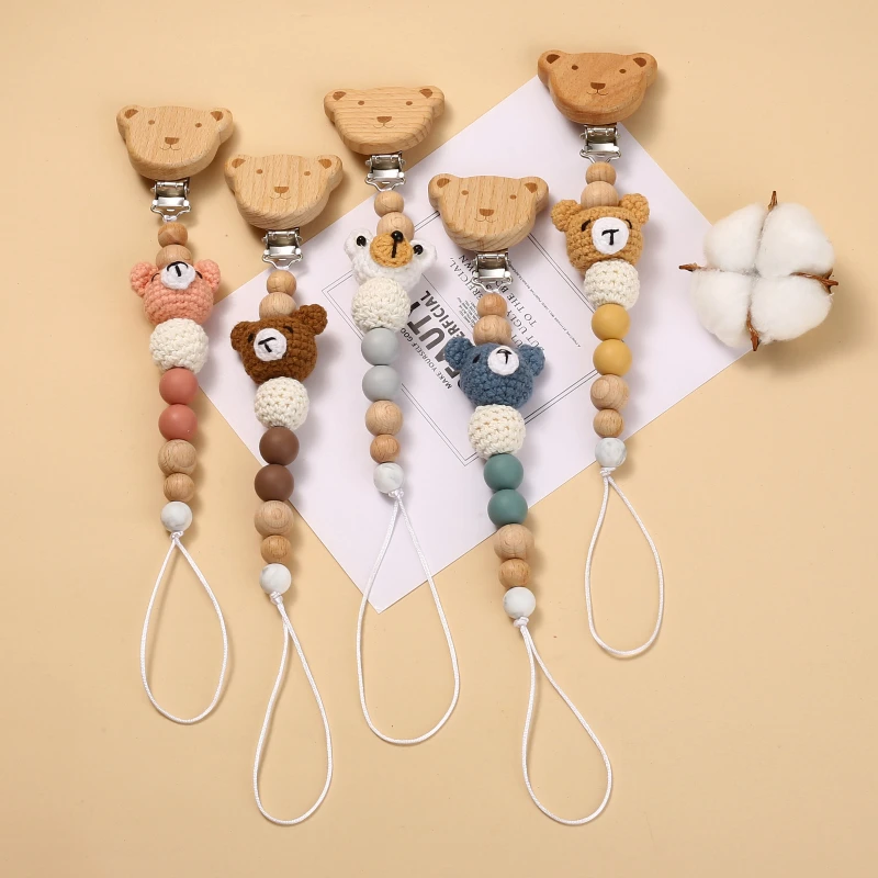 Baby Beech Wood Pacifier Clip Cartoon Animal Crochet Beads Silicone Nipple Chain For Teether Nursing Toys Baby Pacifier Chain 2
