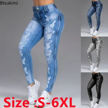 Plus Size 5XL 6XL Women Vintage Mid Waist Skinny Jeans Distressed Denim Pants Crimped Destroyed Pencil Pants Casual Jeans Woman