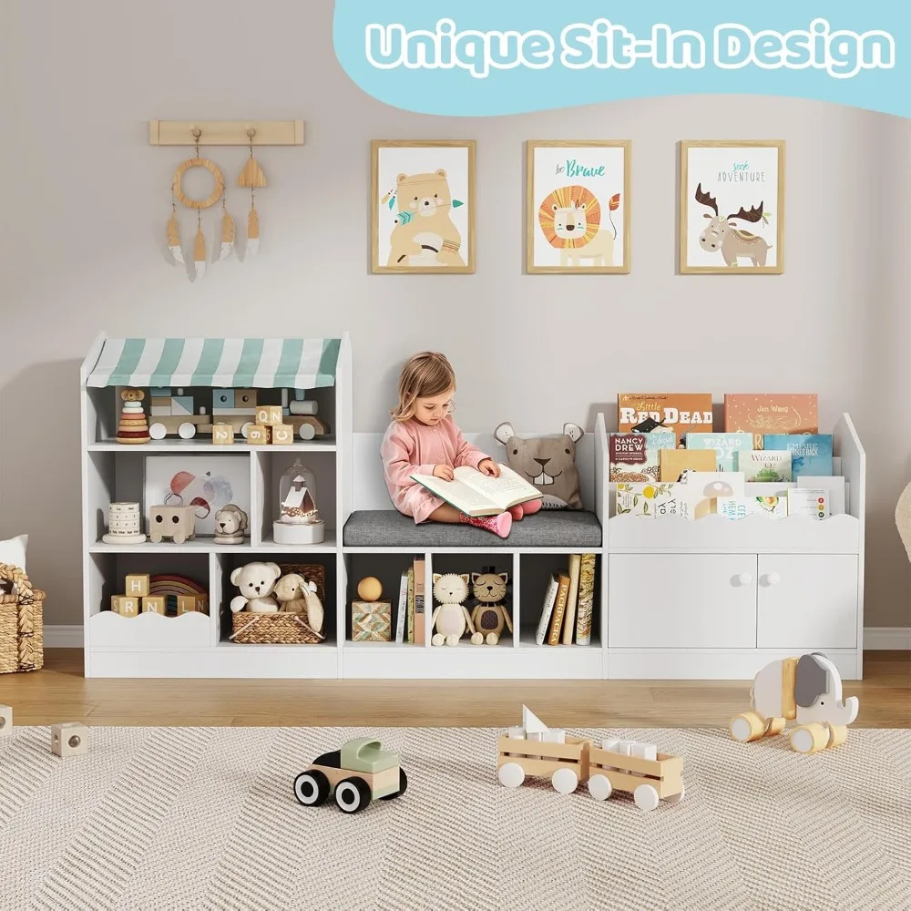 71" Kids Bookshelf with Reading Nook & Storage Cubbies 4