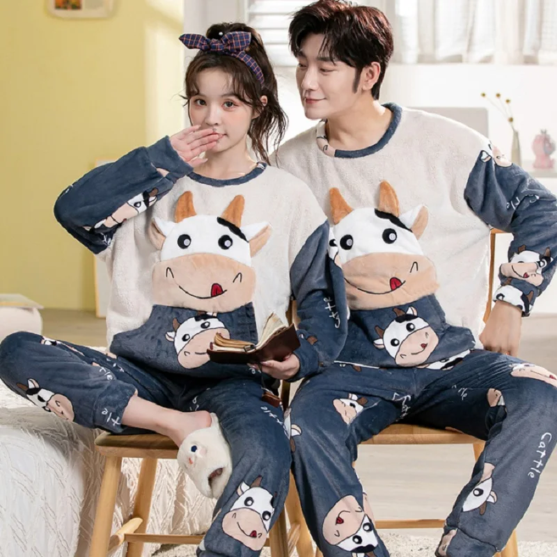 Couple Pajamas Set Winter Flannel Pyjamas Women Home Wear Nightwear 2Pcs Men's Sleepwear Cartoon Cat Pijamas Warm Clothes Suit
