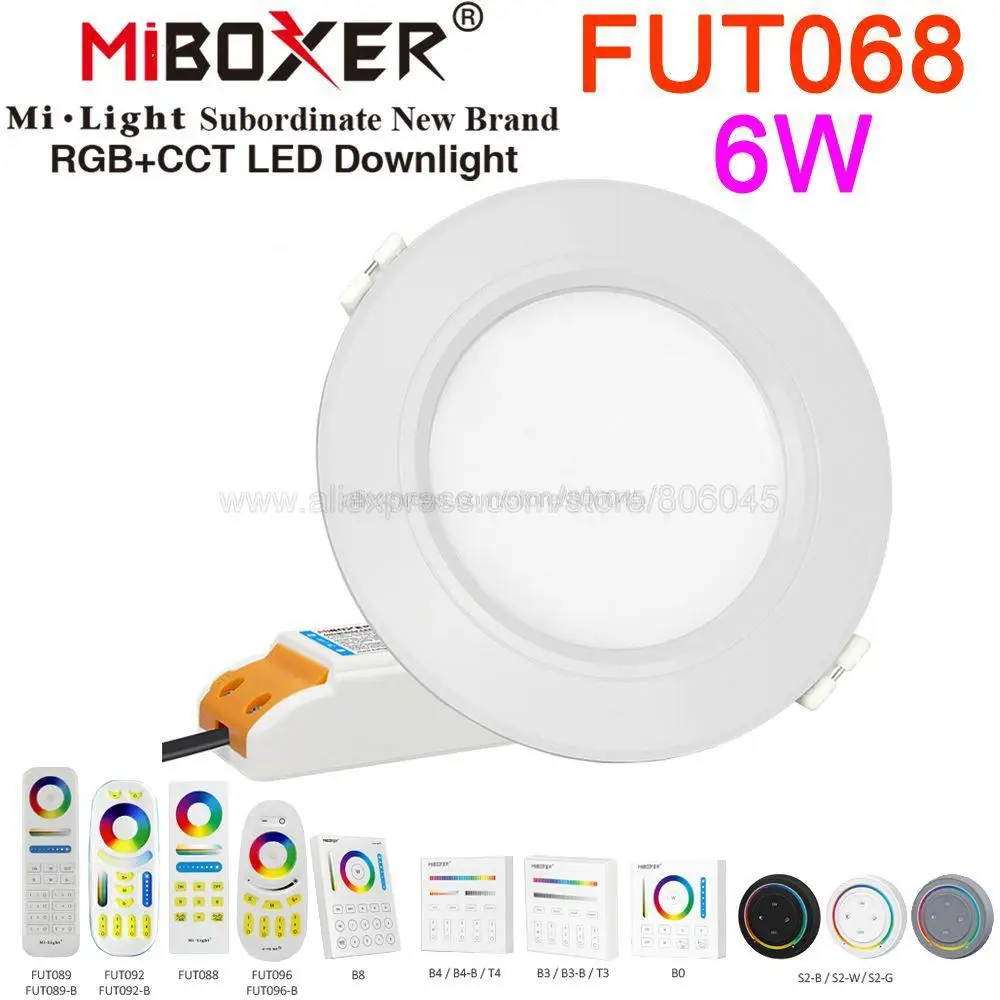 

Светодиодный точечный светильник MiBoxer FUT068, 2,4 ГГц, 6 Вт, RGB + CCT, 85-265 в, Круглый Диммируемый встраивасветодиодный светодиодный светильник с дистанционным управлением 2,4 ГГц, 4 зоны, поддержка Wi-Fi