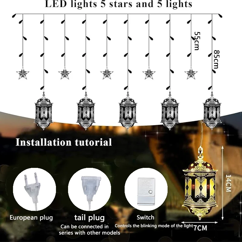 3M 10LED EU Plug Star Lamp Curtain Ramadan Lamp Bedroom Home Outdoor Ramadan Lamp Eid Party Decoration