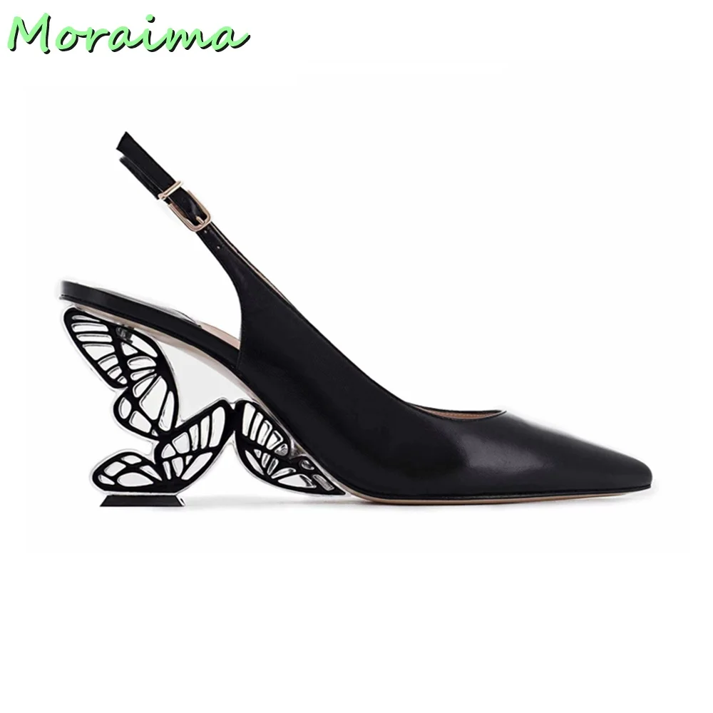 

Strange Butterfly Heel Shallow Pumps Pointy Toe Slip On Slingback Black Solid Sexy Banquet Women Shoes Fashion Novel New Arrival