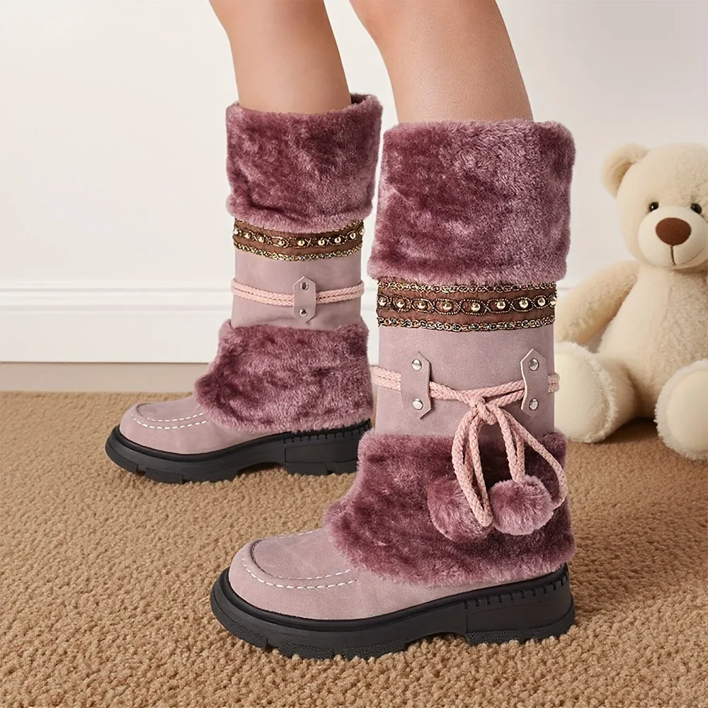 Women's Winter Furry Knee High Snow Pull On Casual Boots 3