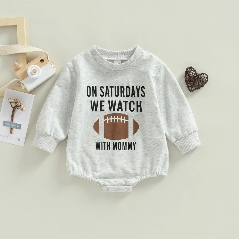 

2022-09-30 Lioraitiin 0-18M Baby Girl Boy Football Season Bodysuit Saturday we watch rugby with Mommy Letter Printed Clothes