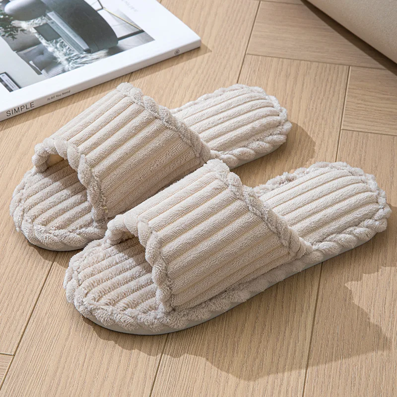 2024 women's new fashionable and minimalist one word slippers for indoor and home couples with striped open toe cotton slippers - Image 5