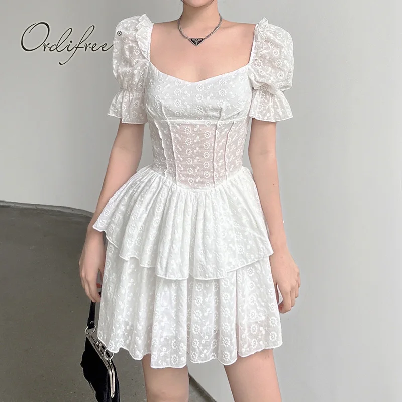 

Ordifree 2022 Summer Women White Party Dress Birthday Wedding Guest Corset Dresses White Lace Embroidery Ruffle Mini Dress
