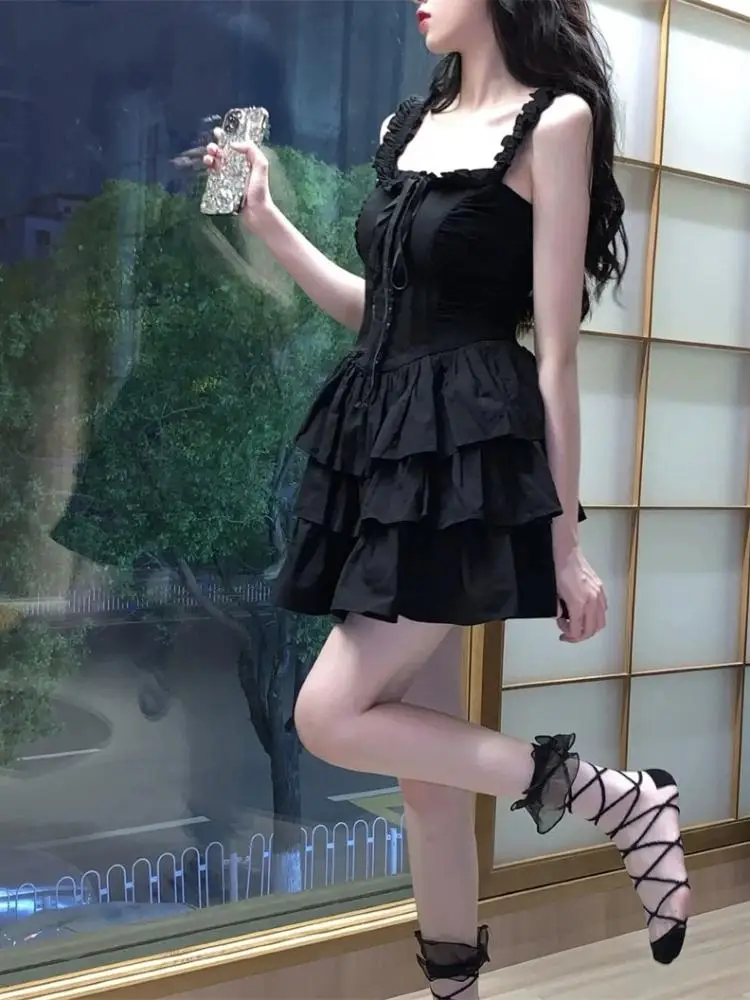 여성용 프렌치 블랙 우아한 홀리데이 파티 붕대 케이크 주름 미니 원피스, 백리스 섹시 클럽 민소매 프릴 슬립 원피스, 여름