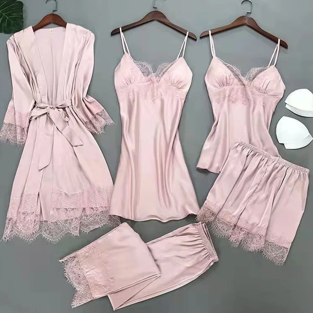 Blanc 5 pièces ensemble de sommeil Pyjamas dame dentelle Satin Pyjamas Kimono robe de bain vêtements de nuit amples maison vêtements col en v vêtements de nuit décontractés