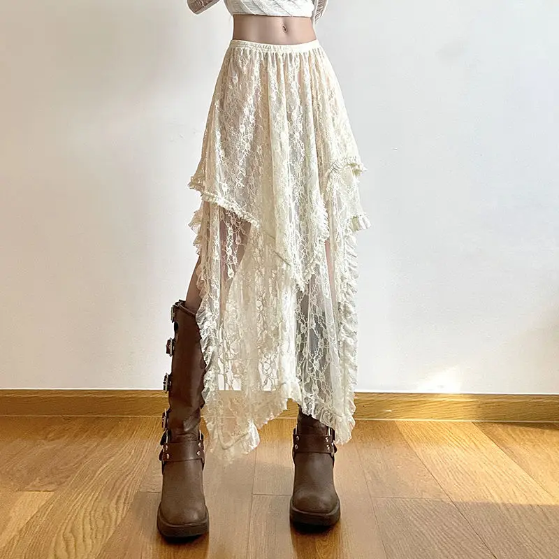 Deeptown Lace Asymmetrical Skirt Fairycore Women Vintage Y2K Boho Aesthetic Fashion High Waist Mid Skirts Lady Holiday Outfits